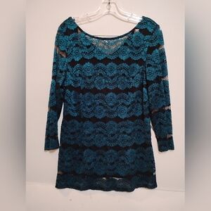 Elegant BLUE SAGE Lace Women's Top in Teal & Black Zipup Back Long Sleeves US L